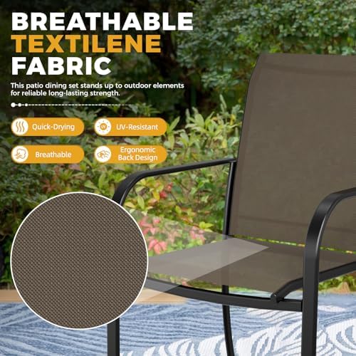 Incbruce 6 Pieces Patio Dining Set with Dark Blue Umbrella, Outdoor Dining Set of 4 Textilene Chairs and Square Table with Umbrella Hole for Backyard, Garden, and Poolside (Brown) - Image 6