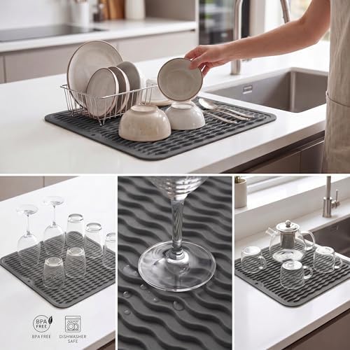 MicoYang Silicone Dish Drying Mat for Multiple Usage,Easy clean,Eco-friendly,Heat-resistant Silicone Mat for Kitchen Counter or Sink,Refrigerator or Drawer liner Grey M 12 inches x 12 inches - Image 4