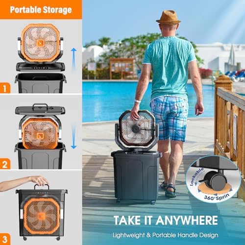 Ausic 5 Gal 12" Portable Misting Fan for Outside Patios, 30000mAh Outdoor Rechargeable Battery Oscillating Fan with Remote, Cooling Camping Dugout Fan with Light/Timer/Caster, Summer Essential - Image 6