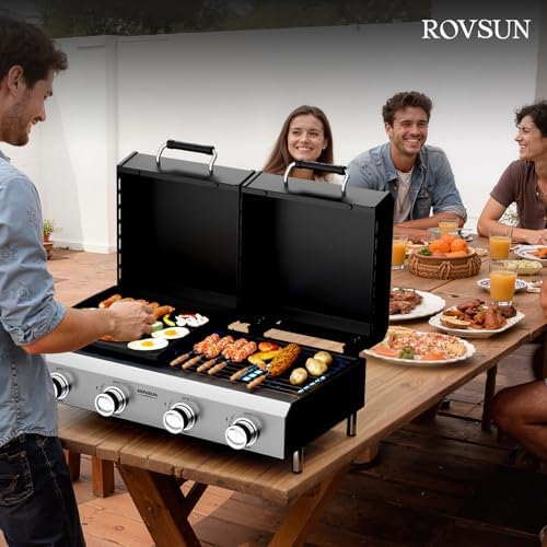 ROVSUN 2-in-1 Propane Gas Grill and Griddle Combo with Lid, 4 Burner Tabletop Flat Top Griddle & Grill with 40000BTU Output, Auto Ignition, Enamel Grate for Outdoor Backyard BBQ Cooking - Image 7