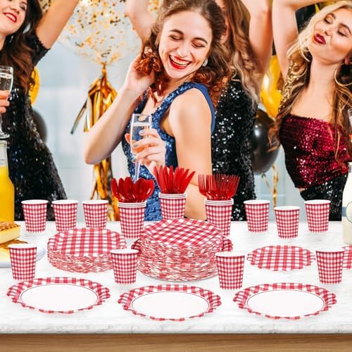 168 Pcs Red Gingham Checkered Party Decorations, Serves 24 - Image 6