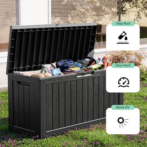 90 Gallon Waterproof Resin Deck Box, UV Resistant Outdoor Storage for Garden, Patio, Porch, Delivery, Striped Black - Image 4