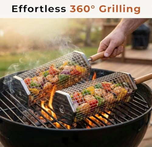 2 Pack Rolling Grill Basket – Stainless Steel Grilling Basket with Lid and Removable Wooden Handle – BBQ Accessories for Vegetables, Shrimp, Meat – Outdoor Cooking Gift for Dad or Husband – Otawe - Image 2