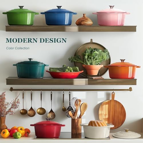 Overmont Enameled Cast Iron Dutch Oven - 5.5QT Pot with Lid Cookbook & Cotton Potholders - Heavy-Duty Cookware for Braising, Stews, Roasting, Sourdough Baking bottle green - Image 2
