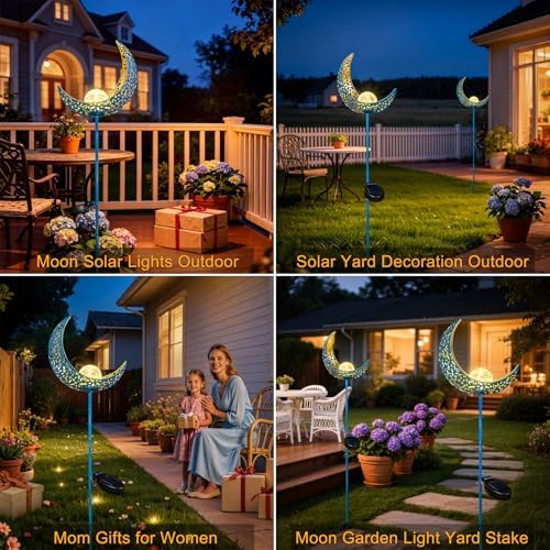 Homeimpro Moon Solar Garden Lights Outdoor Stakes, Waterproof Crackle Glass Metal Yard Lights for Lawn, Patio Accessories, Backyard Decor, Birthday Gifts for Mom - Image 3