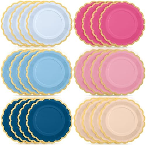 48 Pcs Pink and Blue Paper Plates 9 Inch Scalloped by Tiangrid