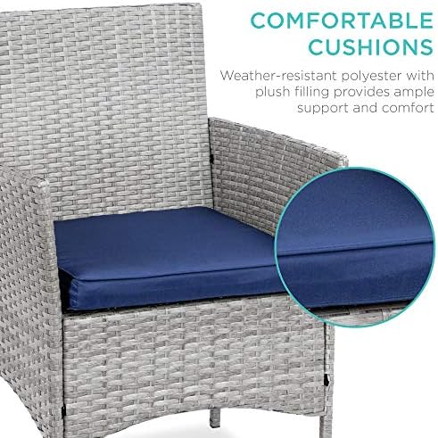 Best Choice Products 3-Piece Outdoor Wicker Conversation Bistro Set, Space Saving Patio Furniture for Garden w/Side Table - Gray/Navy - Image 4