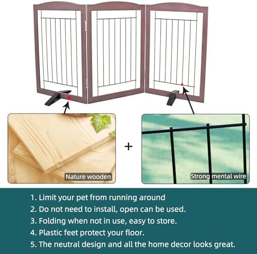 ZJSF Freestanding Dog Fence Indoor, Foldable Dog Gate for Doorways, Stairs or Hallways, Sturdy Wood Extra Wide Pet Gate with Support Feet for The House, Brown, 32 "Height-3 Panels - Image 6