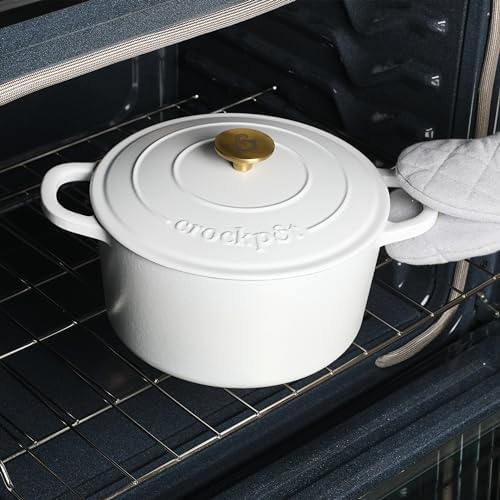 Crock-Pot Artisan 5-Quart Round Dutch Oven – Matte Linen White with Gold Knob, Enameled Cast Iron Cookware - Image 3