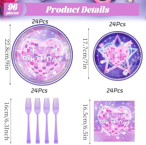 Pink and Purple Party Decorations, 96PCS Magical Music Theme Paper Plates and Napkins Decorations, Cute Singer Happy Birthday Forks Decor Supplies Serve 24 - Image 2