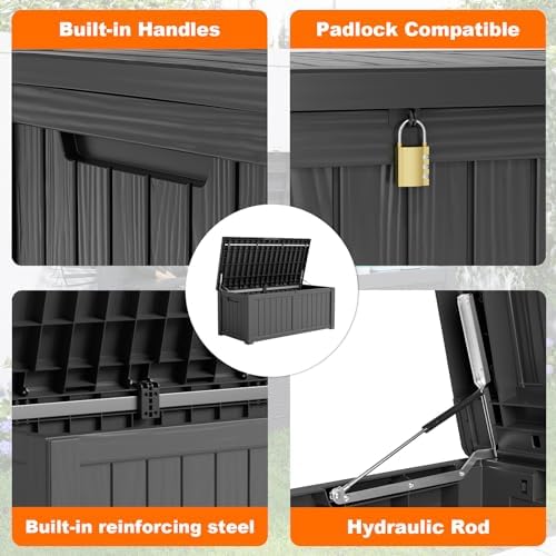 PatioZen 150 Gallon Outdoor Deck Box,Waterproof Resin Outdoor Storage Boxes, Outside Storage Lockable Container for Garden Tools,Indooor Cushions,Accessories (Black) - Image 7