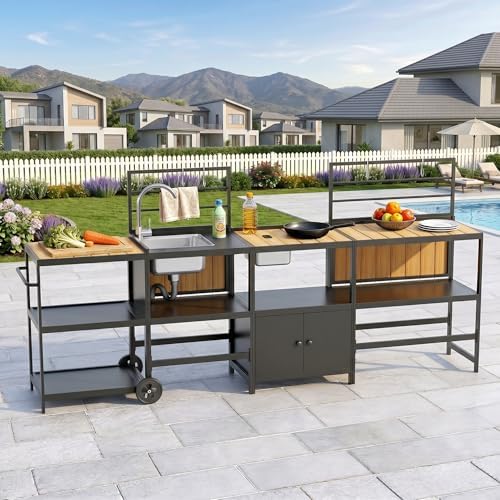 LEVELEVE Modular Outdoor Kitchen Island 4-Piece Set, Aluminum Outdoor Prep Station Grill Cart with Independent Sink, Storage Cabinets & Shelves for Backyard Patio Deck by Enjoyyourlife