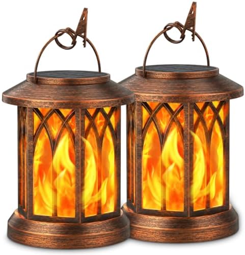 KOOPER Hanging Solar Lights Lantern Outdoor, 2 Pack Flickering Flames Solar Outdoor Lights, Solar Lanterns Outdoor Waterproof with Bigger Panel, Lanterns Decorative Outdoor for Garden Decor (Copper) by KOOPER