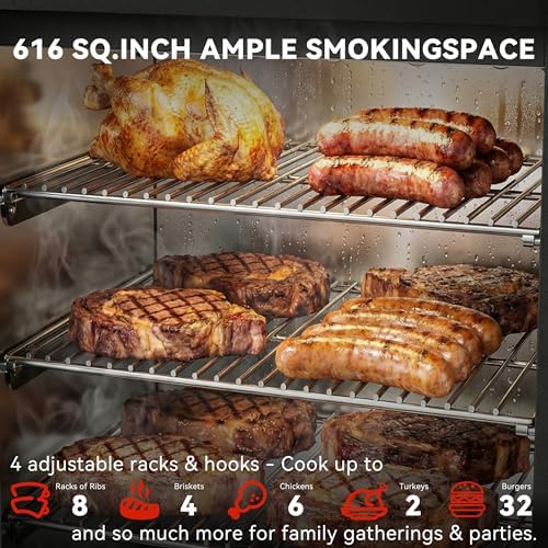Electric Pellet Smoker with Rainproof Cover & Meat Probe, Vertical Pellet Smoker Grill with LED Display Temperature Control, 616 Sq.in, 4-Rack for Ribs, Brisket, Chicken - Image 3