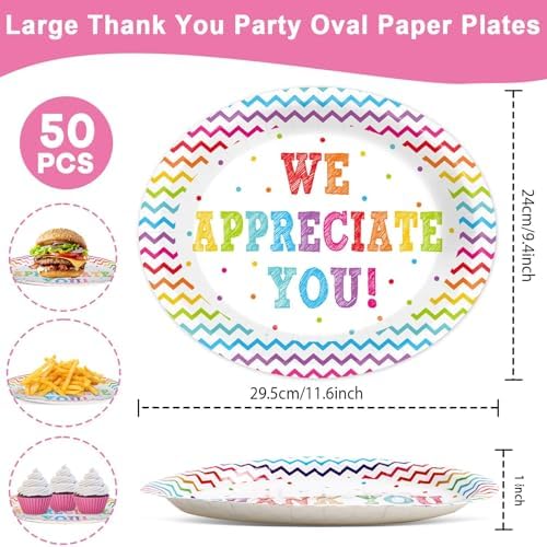 50 PCS Thank You Oval Paper Plates Large 11” Disposable We Appreciate You Party Decorations Volunteer Teacher Appreciation Supplies Favor Be Thankful to Teacher Grilling Gifts Party Tableware Set - Image 2