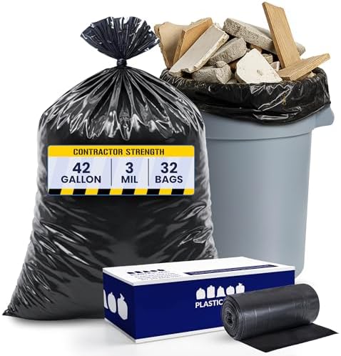 Plasticplace Contractor Trash Bags 42 Gallon 3.0 Mil Rolls Black Heavy Duty Garbage Bag 33.6” x 47.6” (32 Count) by Plasticplace