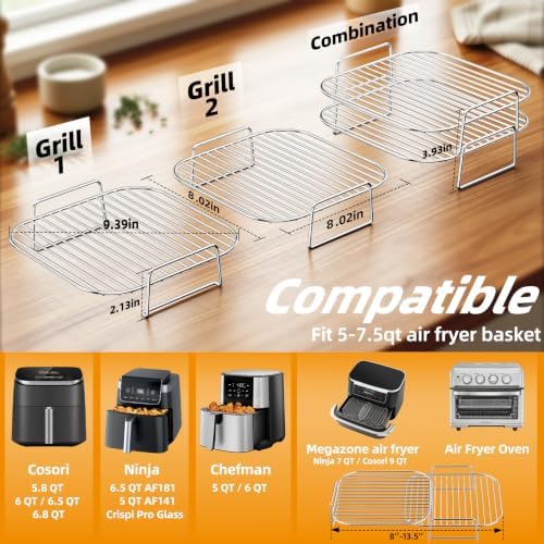 HONYAO Air Fryer Rack Square 8'' Accessories, 2pcs Stainless Steel Grill - Image 2