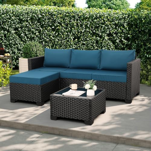 Rattaner Outdoor Furniture Set 3 Pieces Wicker Patio Furniture Outdoor Sectional Patio Couch Outdoor Coffee Table All-Weather Non-Slip Cushions Waterproof Covers, Peacock Blue - Image 3