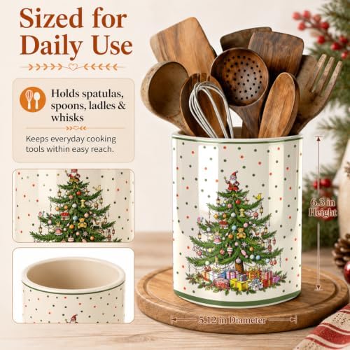 Christmas Tree Green Kitchen Utensil Holder, Xmas Winter Large Ceramic Utensil Holder For Countertop Organizer, 6.3'' Cooking Utensil Crocks Festivel Decor Utensil Storage Cup for Kitchen - Image 6
