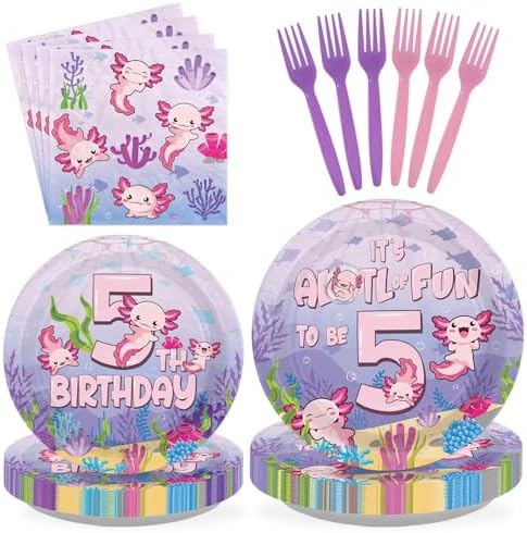 96Pcs Axolotl 5th Birthday Party Decorations for Girls, Serves 24 by Greencian
