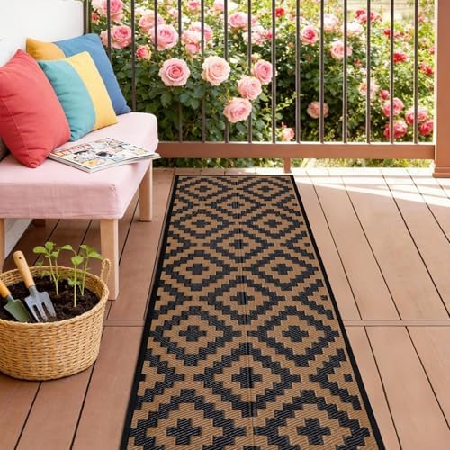 SAND MINE Reversible Mats, Plastic Straw Rug, Modern Area Rug, Large Floor Mat and Rug for Outdoors, RV, Patio, Backyard, Deck, Picnic, Beach, Trailer, Camping, Black & Brown, 2.5' x 8' by SANDMIND