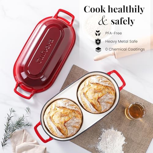 Cast Iron Bread Pan with Lid, Mini Enamel Sourdough Baking Dutch Oven Pot, Double Round Loaf Space for Homemade, Bread, Cake, Meatloaf, 16.5cm Diameter, 500°F Oven Safe, Non Stick, Red - Image 5