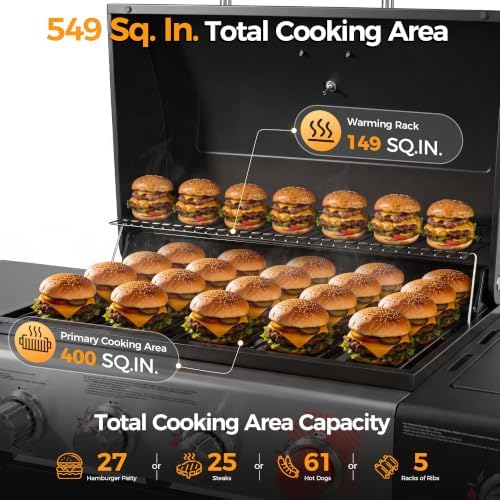MASTER COOK 4 Burner Propane Gas Grill with Side Burner, 56,500 BTU with Sear Burner, 549 Sq.in. Cooking Area, Porcelain Enameled Grates,Stainless Steel BBQ Grills for Outdoor Cooking Patio Garden - Image 4