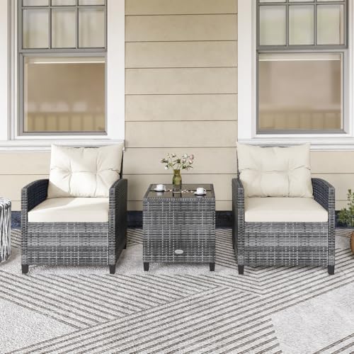 KOTEK 3 Piece Patio Furniture Set, Outdoor PE Rattan Conversation Set with Washable Cushions & Tempered Glass Tabletop, Wicker Chairs and Table Set for Porch, Garden, Balcony (White) - Image 7