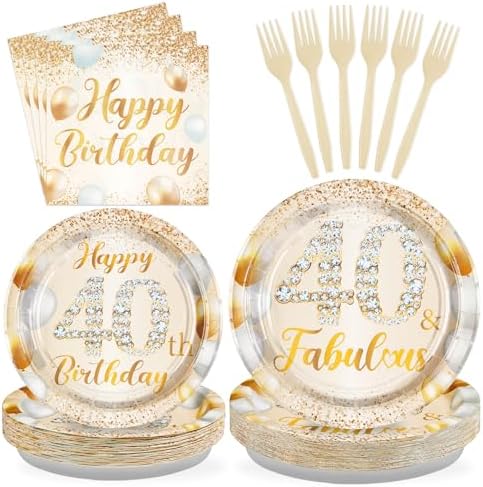 96Pcs Happy 40th Birthday White and Gold Party Decorations,Serves 24 by Greencian