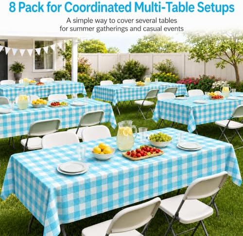 Turquoise Blue Gingham Tablecloth 8 Pack, Disposable Plastic 54 x 108 Inch - Image 5