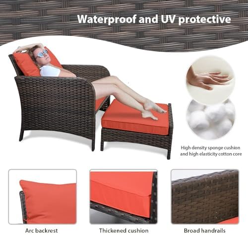 LEVELEVE Balcony Furniture 5 Piece Patio Conversation Set, PE Wicker Rattan Outdoor Lounge Chairs with Soft Cushions 2 Ottoman&Glass Table for Porch, Lawn-Brown Wicker - Image 4