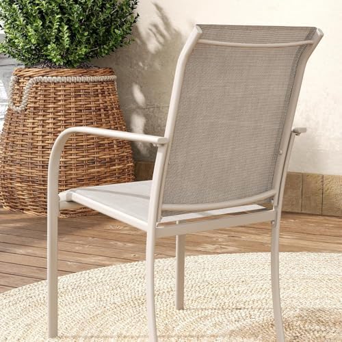 VICLLAX 5 Pieces Patio Dining Set for 4, Outdoor Furniture Set Includes 40.7" Round Patio Table and 4 Patio Stackable Chairs, Grey Wood Grain Tabletop and Sandshell Fabric - Image 4
