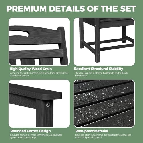 HDPE Outdoor Dining Set, Patio Table and 6 Chairs, 2" Umbrella Hole, Black - Image 6