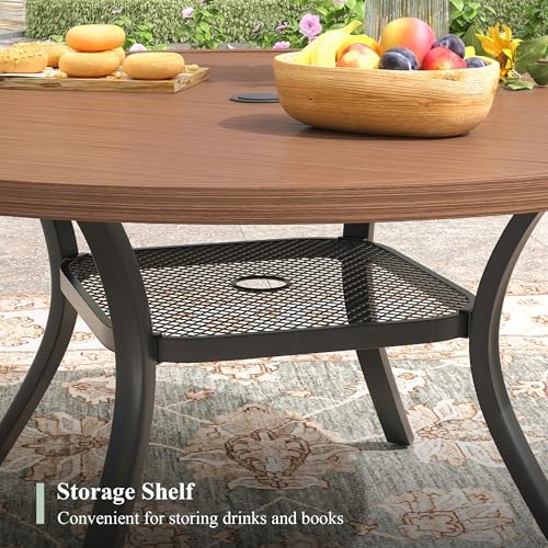 47.2" Patio Dining Table for 6, Round Outdoor Metal Dining Table with Umbrella Hole for Lawn Garden Backyard, Walnut - Image 6