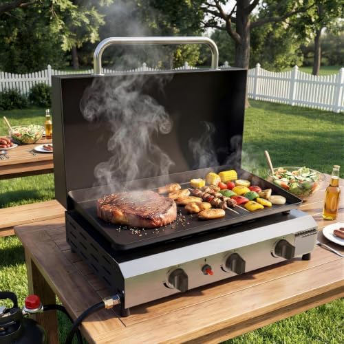 SKOK 3 Burner Gas Griddle with Hood- 23.3 Inch Outdoor Propane Griddle-45000 BTU Propane Fuelled, Portable Flat Top Gas Grill Camping Griddle with Lid - Image 2