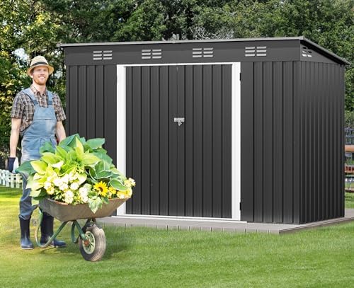 DWVO 9x4ft Large Tool Storage Shed with Lockable Doors, and Sloped Roof, Oversized Steel Outdoor Storage Shed for Garden, Patio, Garage, Backyard, Lawn - Dark Gray - Image 3