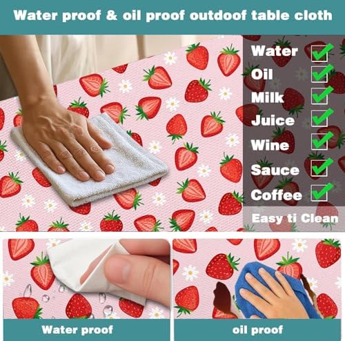 Strawberry Picnic Table Cover with Bench Covers and Bag, Camping Essentials, Berry Waterproof Windproof, Fitted Tablecloth Cover with Elastic Edge for Outdoor Garden 3 PCS 30x96 Inch - Image 5
