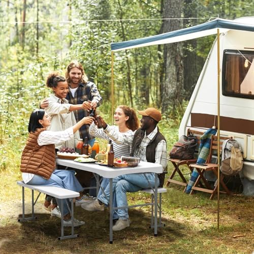 VINGLI Picnic Table Set with 2 Benches, 6 Feet Camping Table Chair Set, Heavy-Duty HDPE Material with Metal Frame, 3-Piece Folding Furniture for Indoor or Outdoor Use (3.5ft White) - Image 3