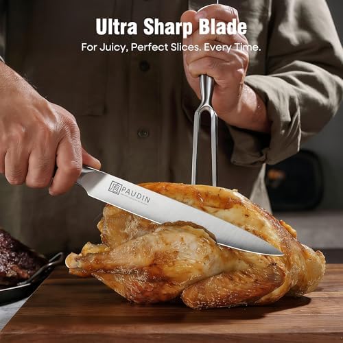 PAUDIN Carving Knife Set, 8 inch German High Carbon Stainless Steel Meat Slicing Knife with 7 inch Turkey Fork, Ergonomic Full Tang G10 Handle, Dishwasher Safe,BBQ Brisket Slicer,Cooking Gifts for Men - Image 2