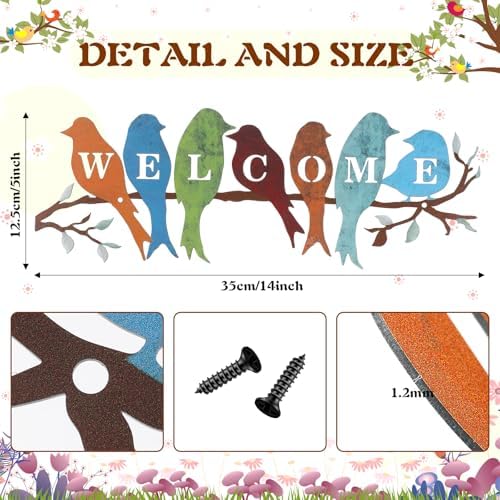 Peryiter Birds on Branch Welcome Sign Metal Wall Decor,Rustic Colors - Image 2