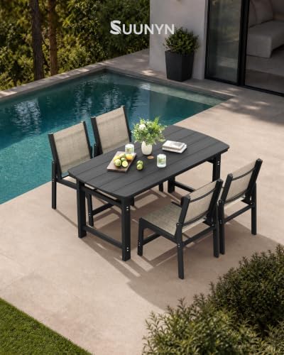 HDPE Outdoor Dining Set, Patio Table and 4 Stackable Armless Chairs, Black - Image 3