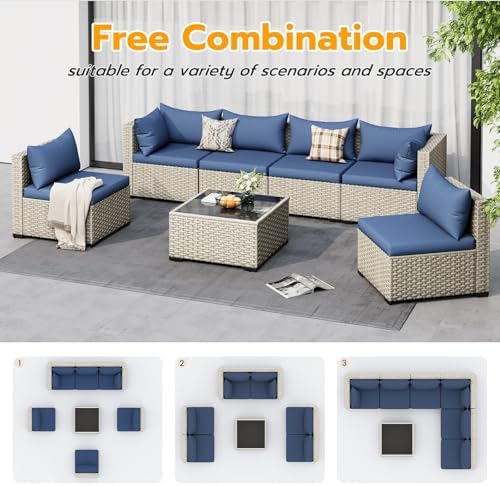 UDPATIO Outdoor Patio Furniture Set 7 Pcs Wicker Sectional Sofa Blue - Image 4