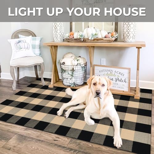 IOHOUZE 3x5 Buffalo Plaid Outdoor Rug, Washable Front Porch, Tan Black - Image 5