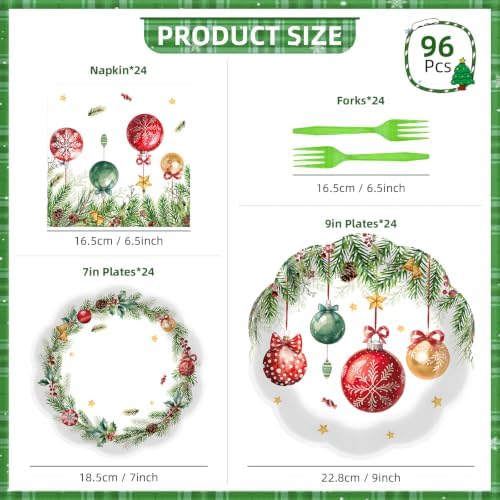96 Pieces Christmas Tableware Set – Christmas Ornament Disposable Plates, Napkins, and Gold Forks for Xmas Party, Holiday Dinner, Xmas Eve and Winter Celebrations – Serves 24 Guests - Image 2