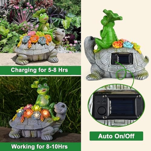 Solar Garden Outdoor Statues Turtle& Frog with Succulent and 8 LED Lights - Image 2