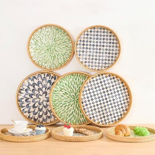 Round Rattan Tray with Mother of Pearl Inlay, Rattan Serving Tray with Wooden Base, Decorative Wicker Basket for Table Decor, Storage and Display of Coffee Bread Food Fruit (Checkerboard 11.8") - Image 6