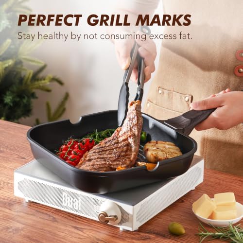 SENSARTE Nonstick Grill Pan with Lid, Grill Pan for Stove Tops, Versatile Griddle with Pour Spouts, Square Big Cooking Surface, Durable Skillet Indoor & Outdoor Grilling. PFOA Free, 11 Inch - Image 4