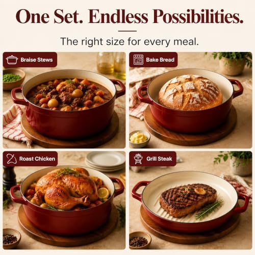 Enameled Cast Iron Dutch Oven Set - 4-Piece 1.3/2.6/4.8Qt Pot with Lids - Image 4