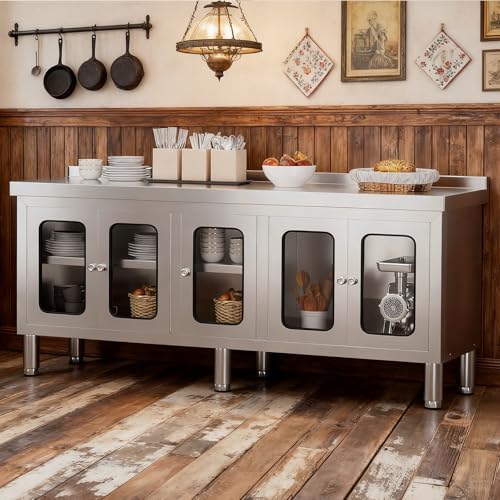 70" Stainless Steel Table Cabinet Heavy Duty Prep Table with 304 Stainless Steel Worktop and 5 Glass Doors Commercial Worktable Workbench with Storage Cabinet for Kitchen Garage Restaurant Outdoor by KINGBO