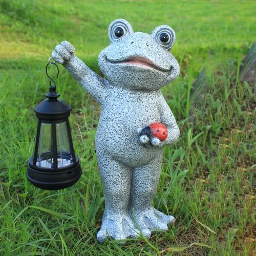 Solar Frog Garden Statue, Resin Figurine with Ladybug & Hanging Solar Lantern Outdoor Decor - Image 6